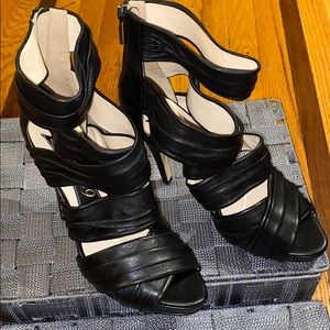 Black Leather Strappy Heeled Sandals